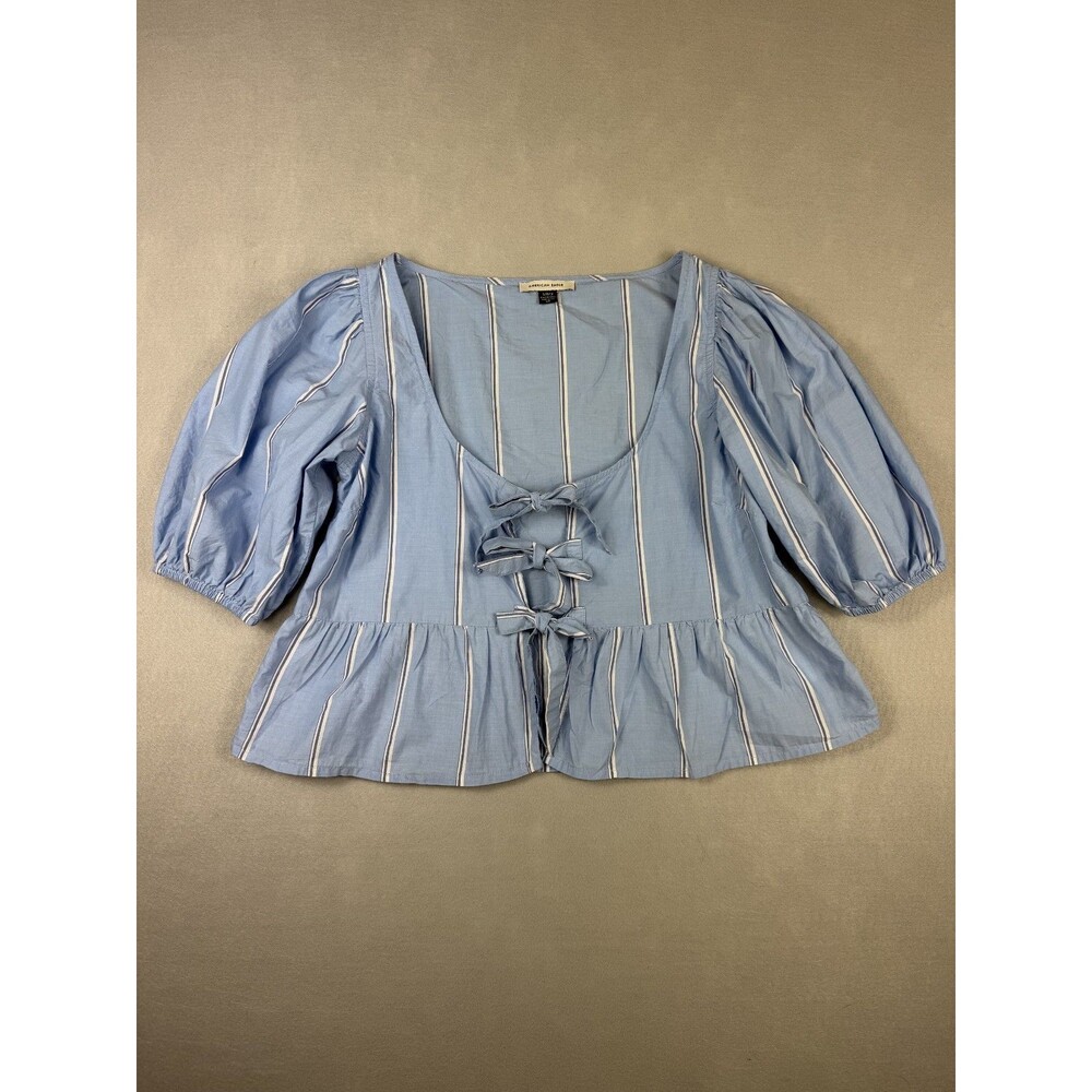 American Eagle Blue White Striped Puff Sleeve Peplum Tie Front Blouse Women's M